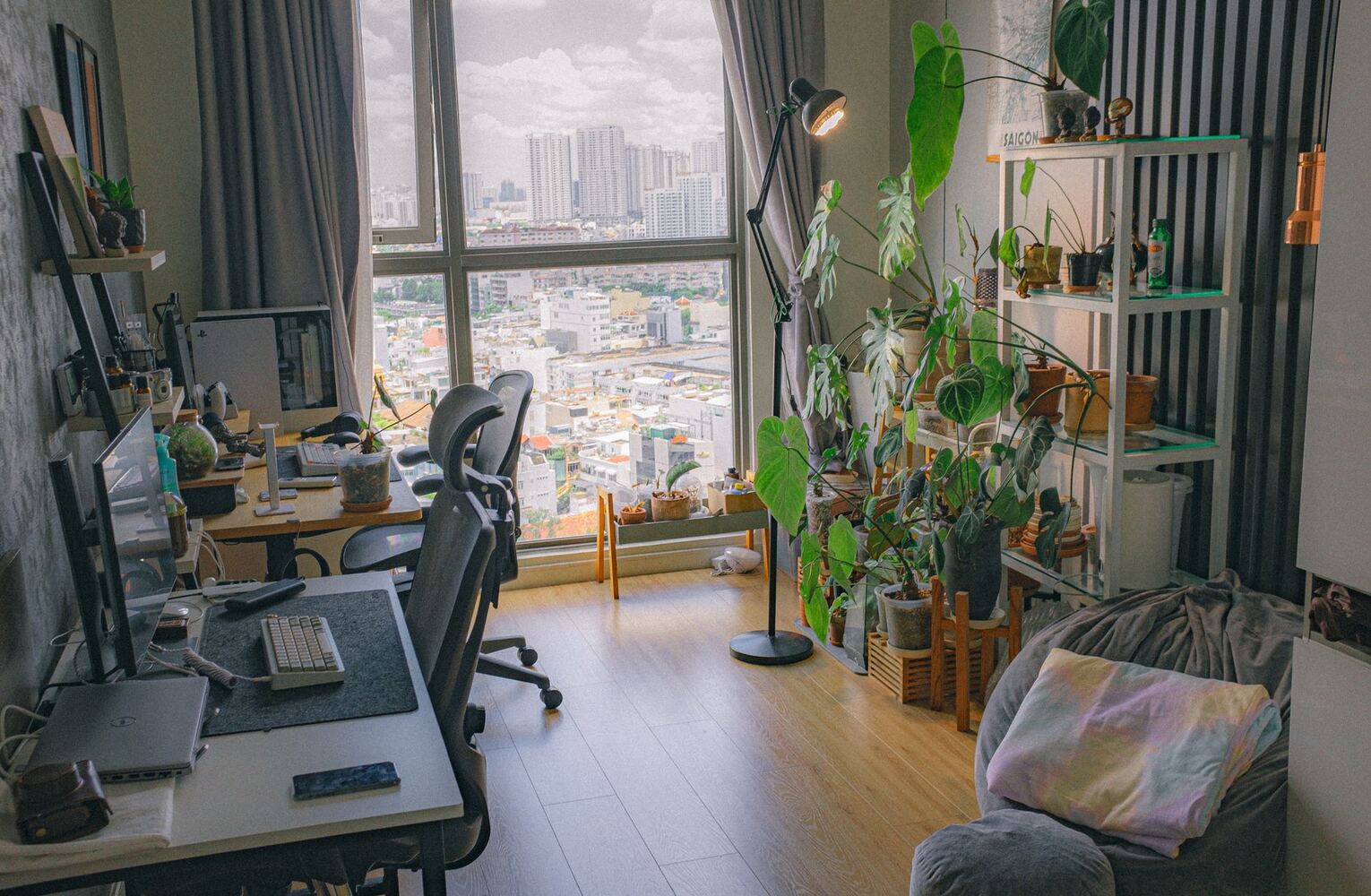 Corner workstation and houseplants beside a tall apartment window