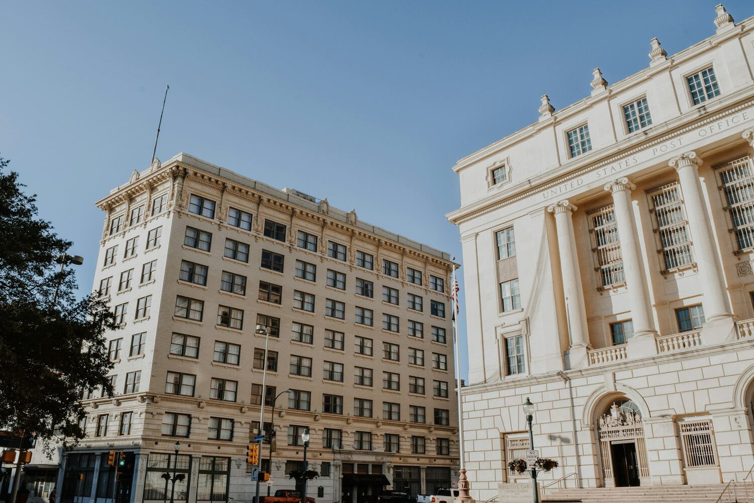Historic office building and post office at a downtown San Antonio corner