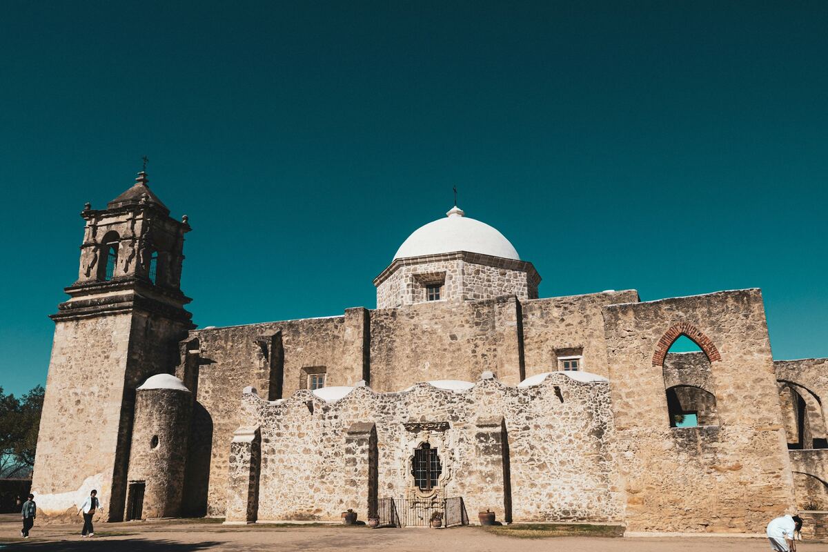 Dome and bell tower of Mission San Jose in San Antonio