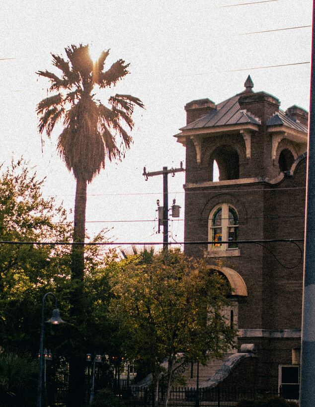 Palm tree beside a brick Victorian tower at sunset in San Antonio